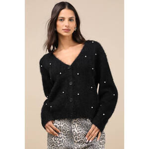 Lulus Chic Comforts Black Eyelash Knit Pearl Cardigan - Size L